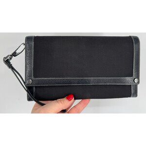 Vintage Escada Black Leather Canvas Large Wallet Clutch Organizer Wristlet Bag